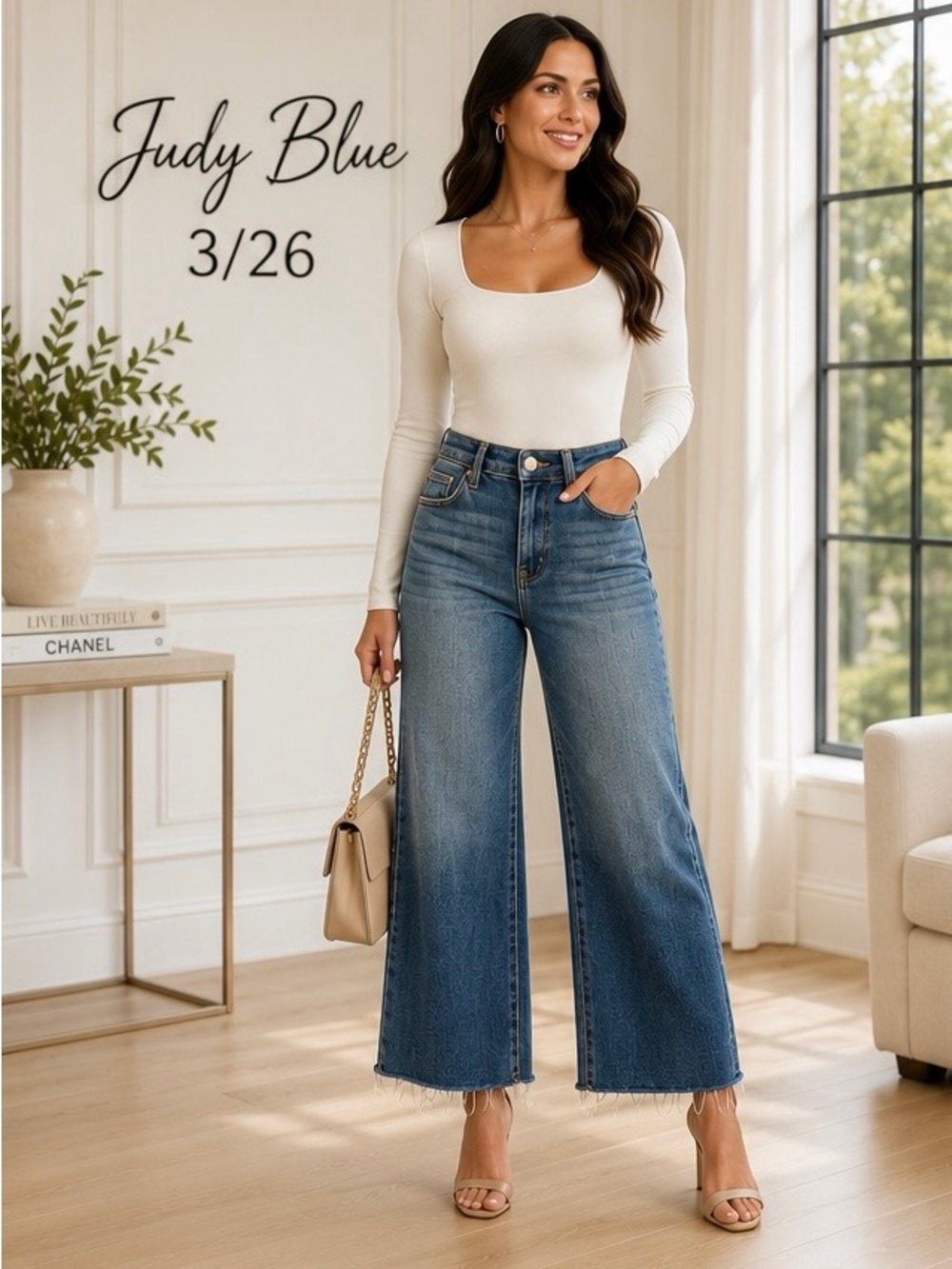 Judy Blue Wide Leg Crop Jeans Raw Hem High Rise Medium Wash 3/26